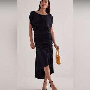 By Anthropologie Ruched Cap Sleeve MIDI Dress Black
